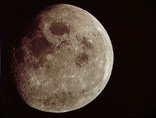 The Moon photographed from Apollo 8 showing dark maria and bright cratered highlands