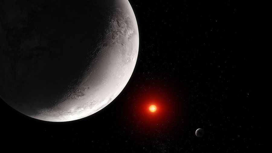 Artist's picture of a rocky planet orbiting a small red star